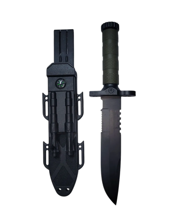 Cuchillo Tactico 2558b Supervivencia Pedernal Piedra Brujula - Negro Y Verde Oliva